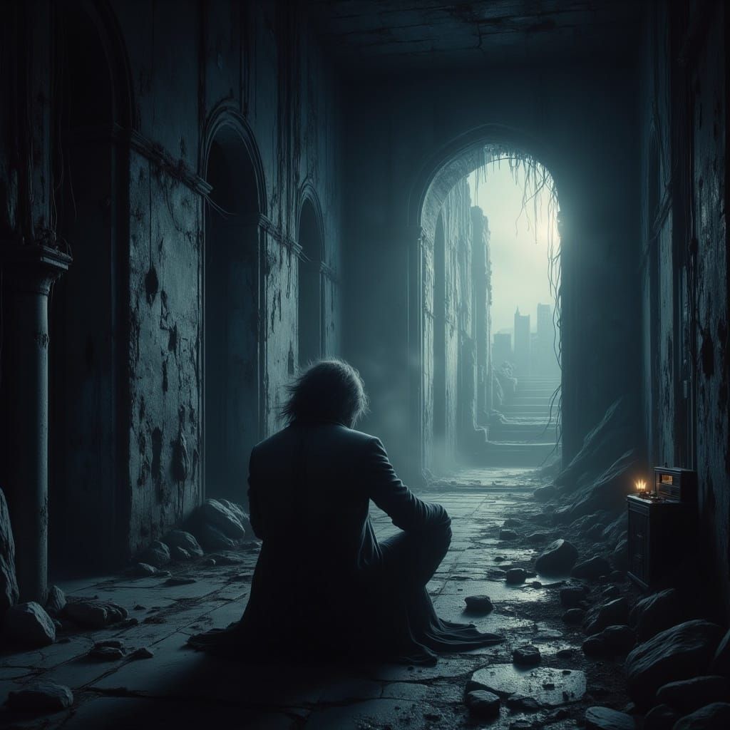 Solitary Figure in Post-Apocalyptic Ruins