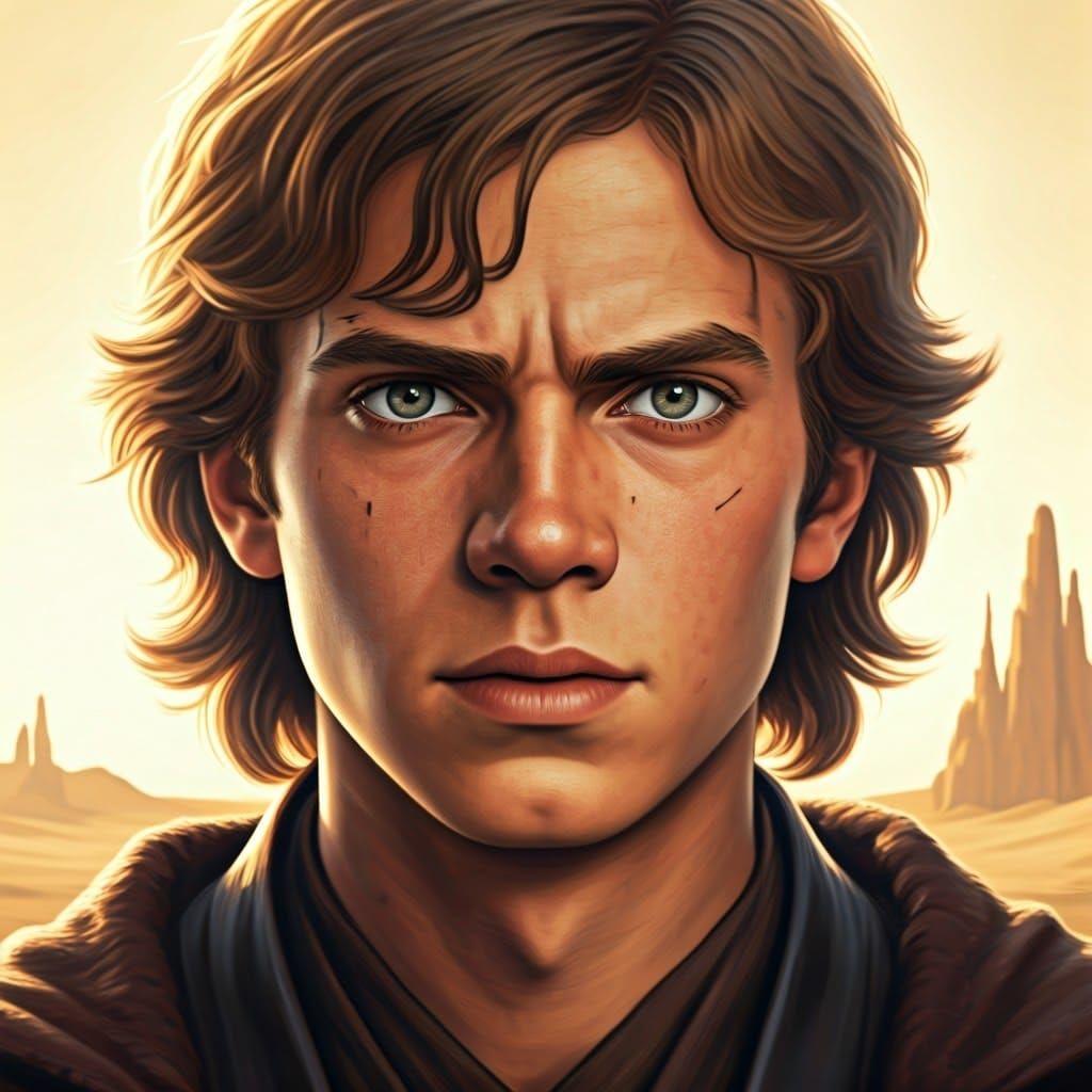 Anakin Skywalker Portrait on Tatooine: Cinematic Film Still