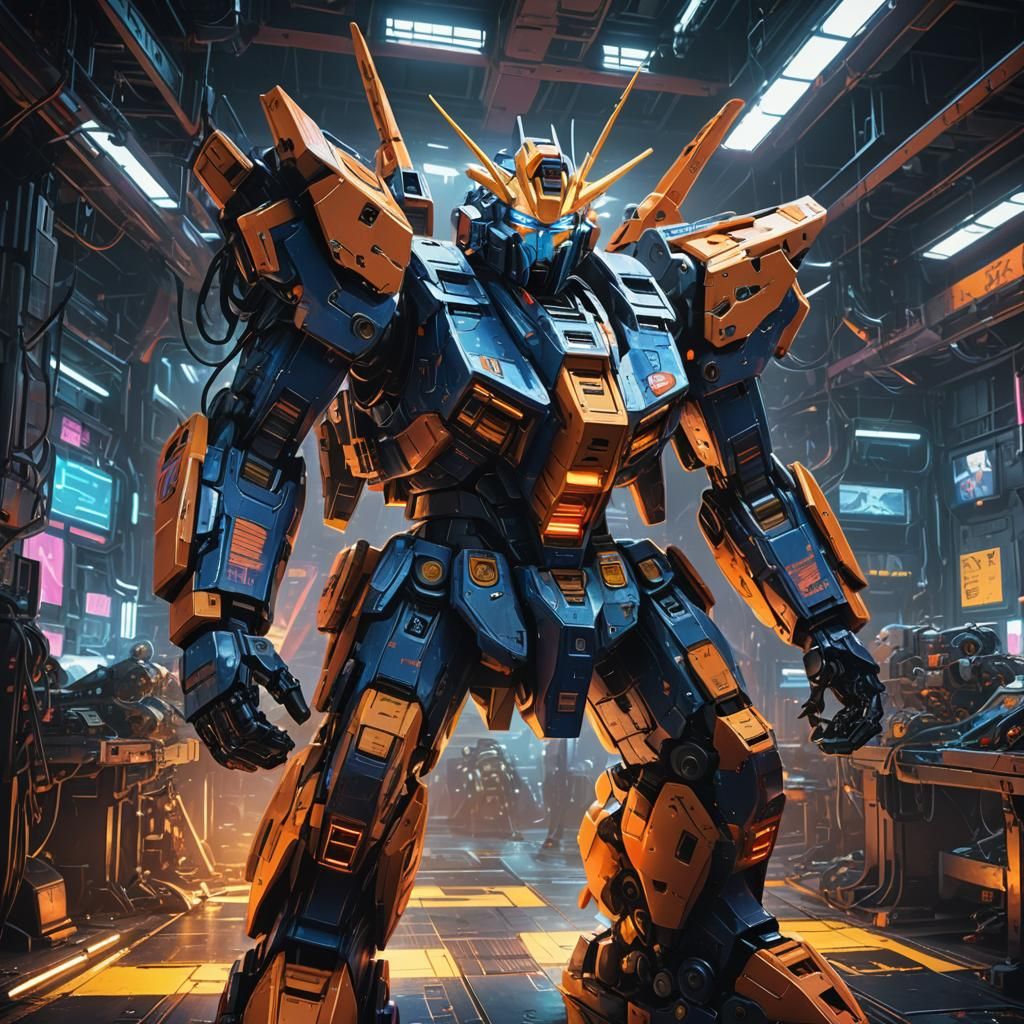 Gundam Repair in Neon-Lit Cyberpunk Hangar