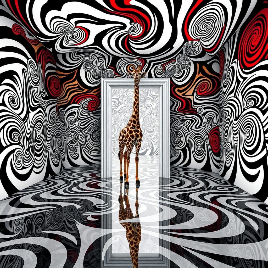 Surreal Room in Black, White, and Red with Escher-Inspired P...