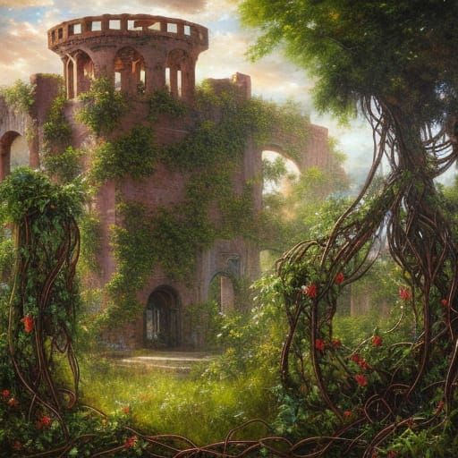 Overgrown Ruins Tower in Hyper-Detailed Oil Painting