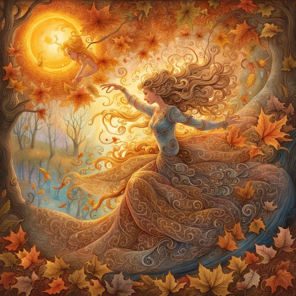Sun Fairies Dance in Autumn Park, Watercolor Art