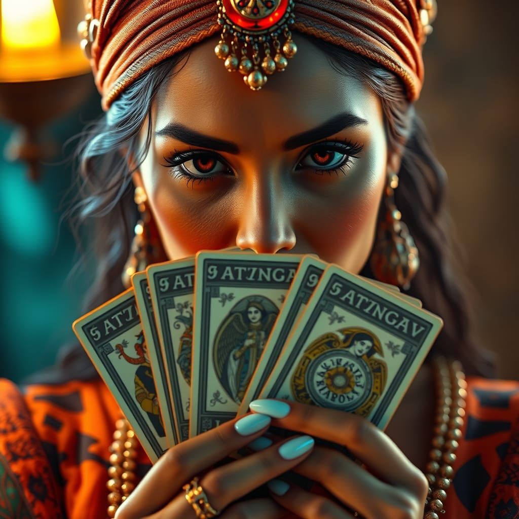 Latina Fortune Teller with Tarot Cards, Fantasy Art