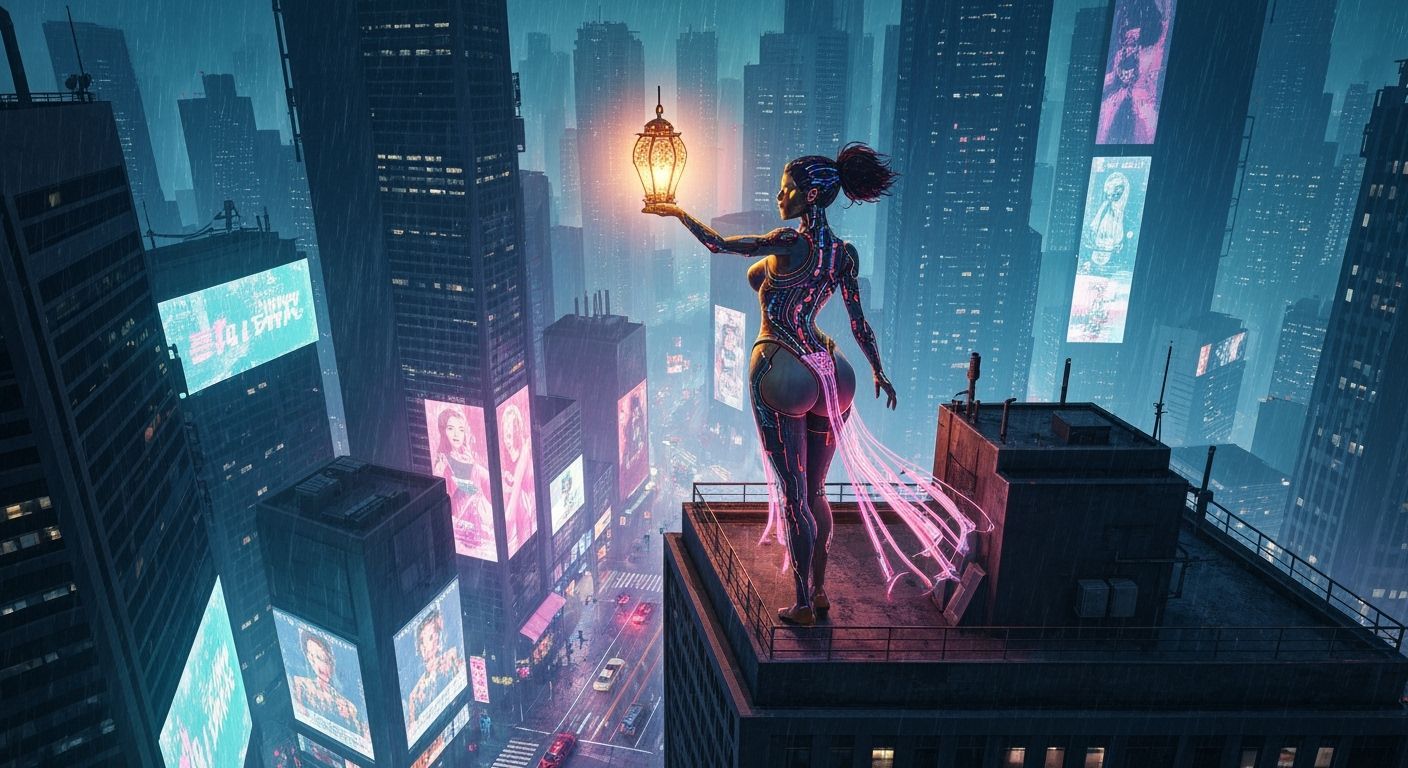 Cyberpunk Goddess with Bioluminescent Lantern