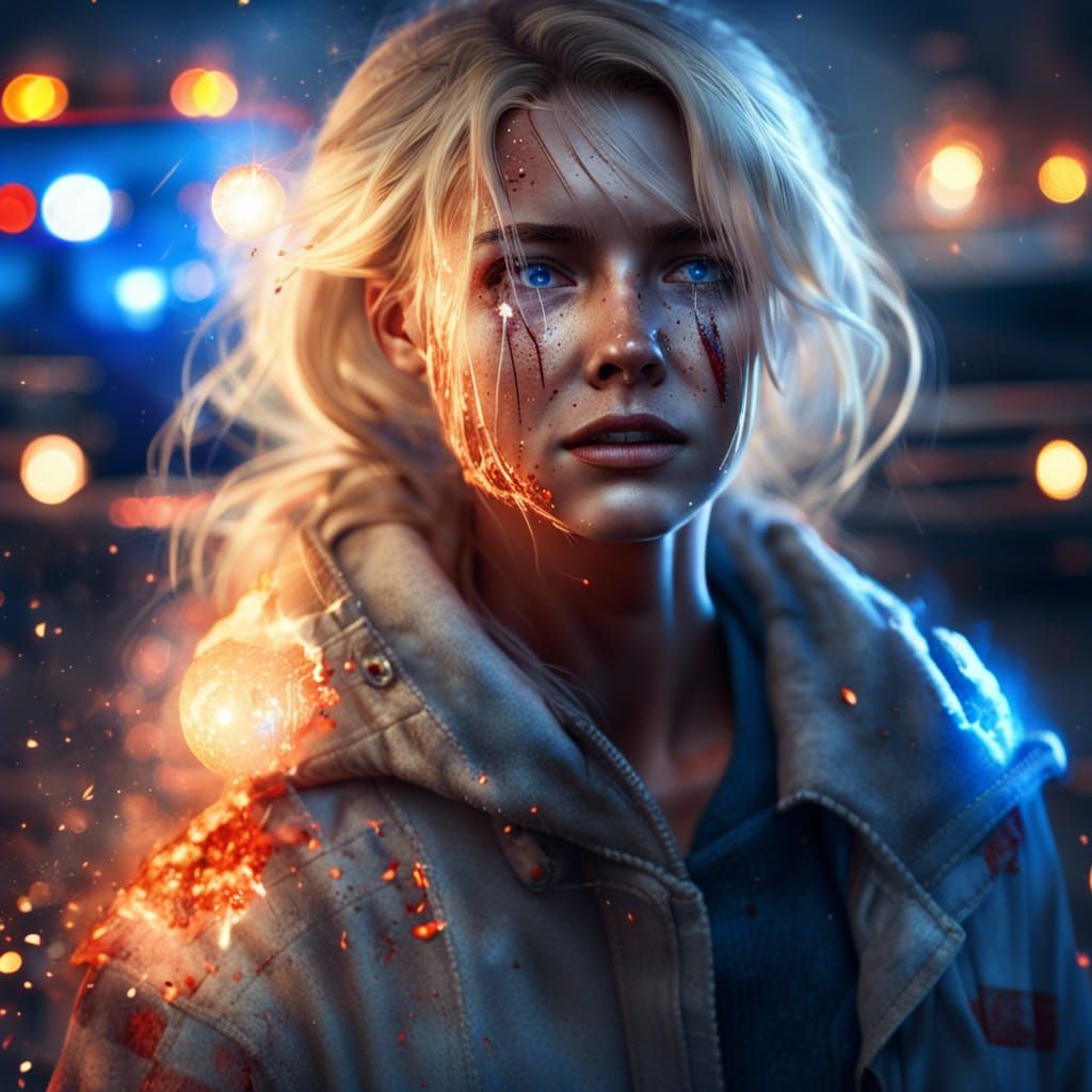 Blonde Girl Rescue: Firefighters in Inferno, Photorealistic