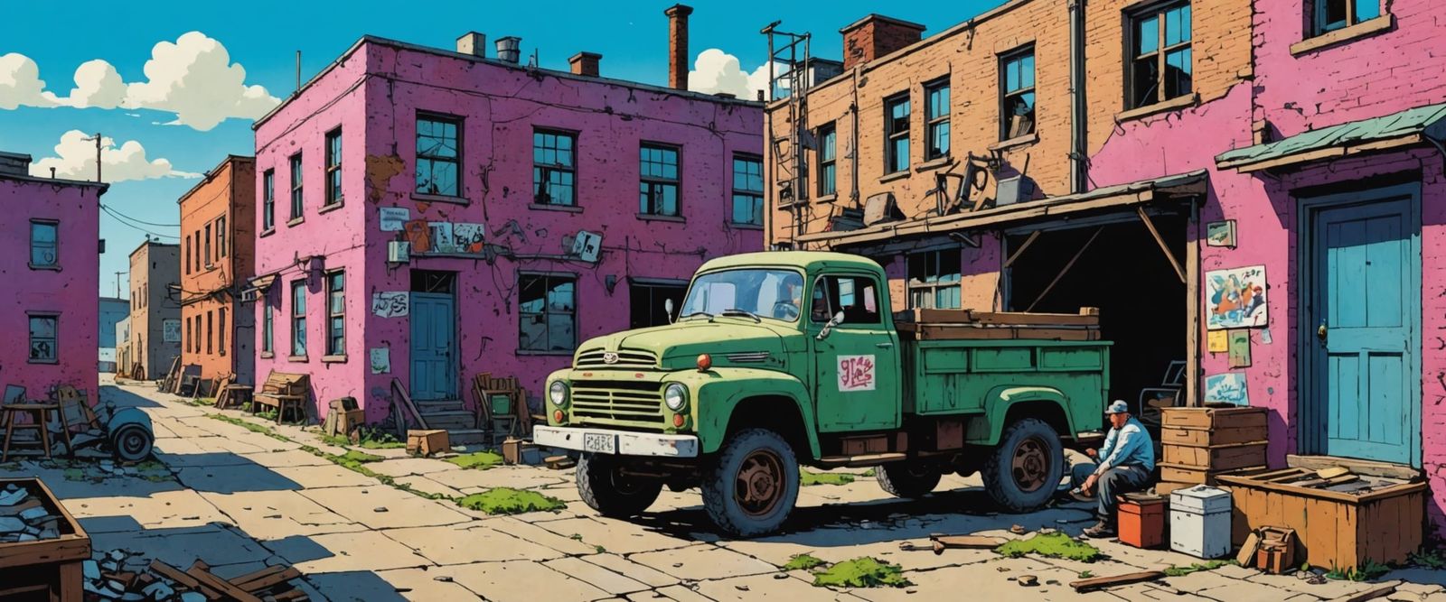 Abandoned Factory in Comic Book Style Watercolor
