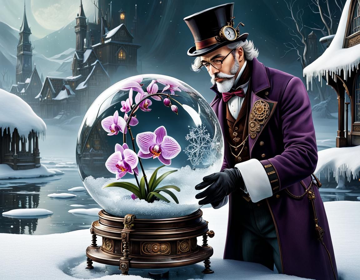 Steampunk Clockmaker Observes Orchid in Glass Sphere
