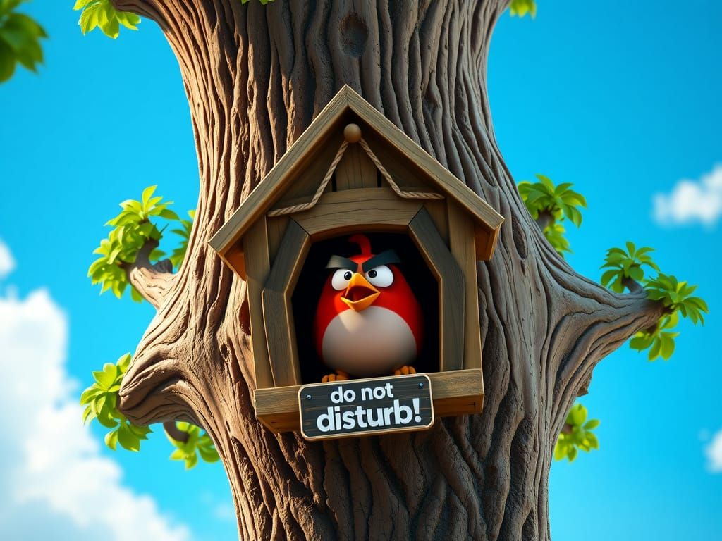Funny Angry Bird in Cartoon Birdhouse