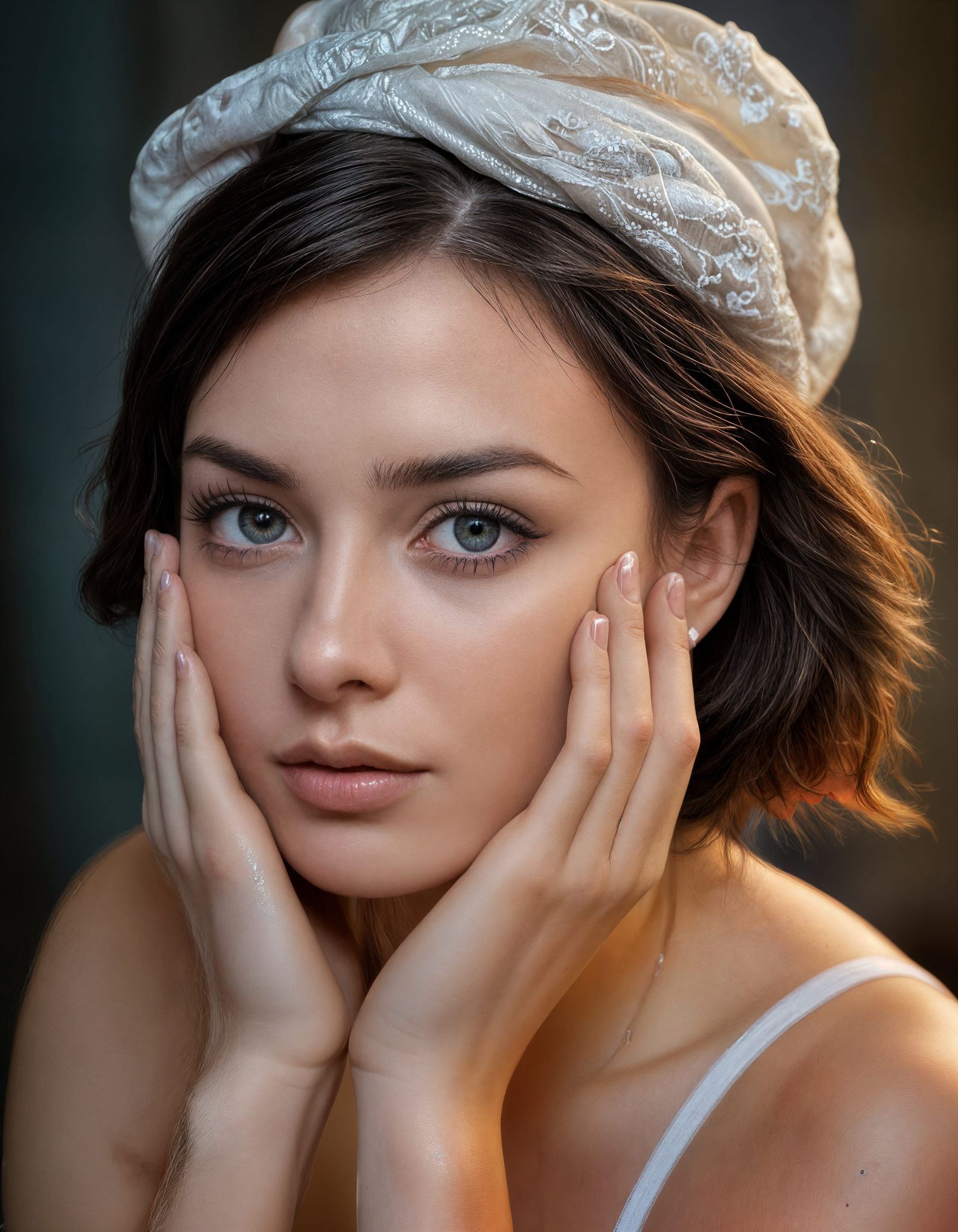 Sultry Boudoir Beauty Touches Her Face in a Sensual Mood