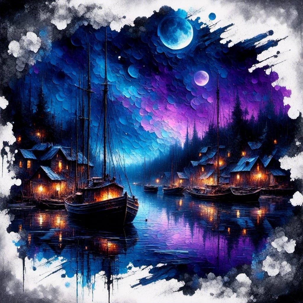 Beautiful glowing Midnight harbor Smooth water. Ships, lights. Reflections. Swirling motion. Sparkling new geht sky. D.....