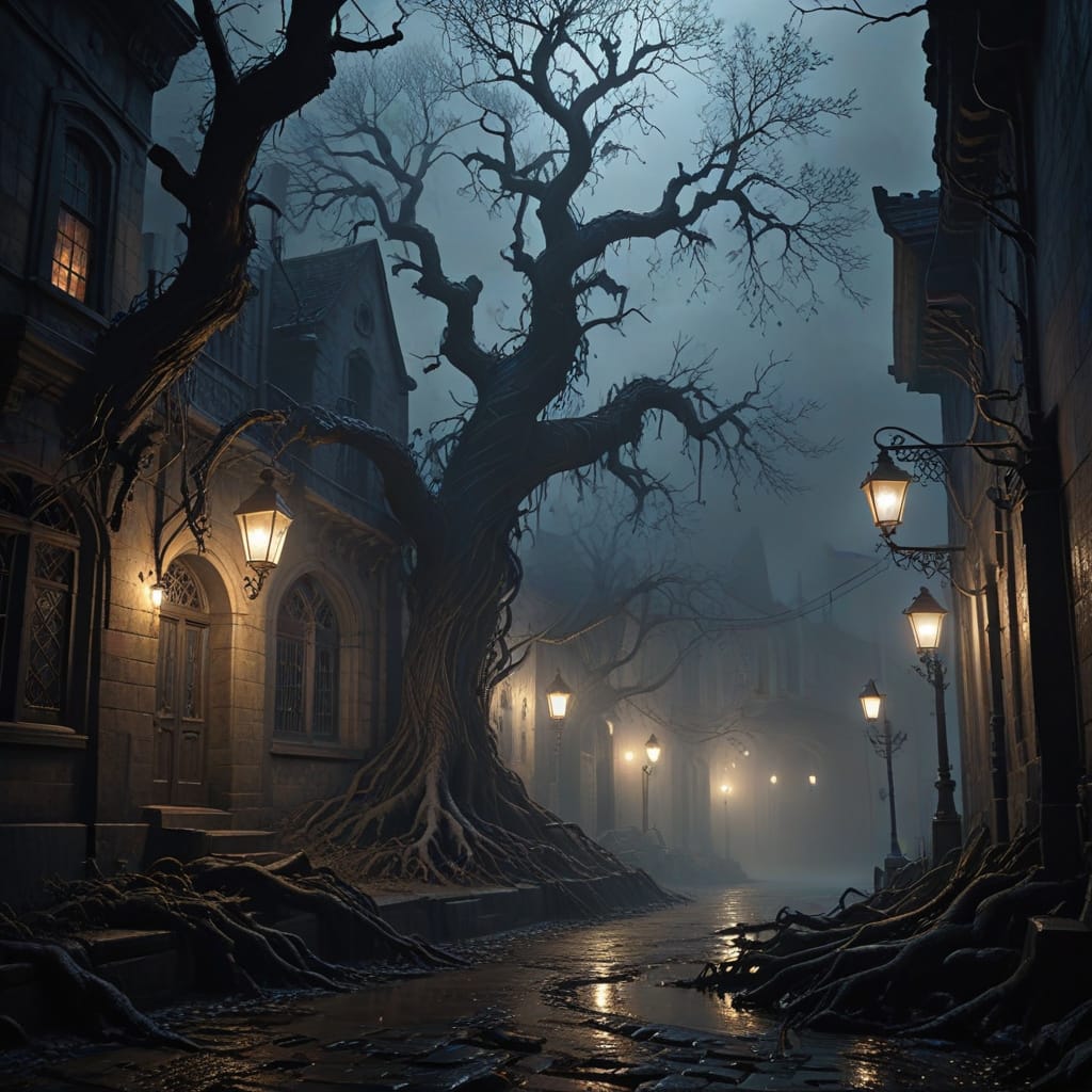 Gothic City at Night in Dark Fantasy Style