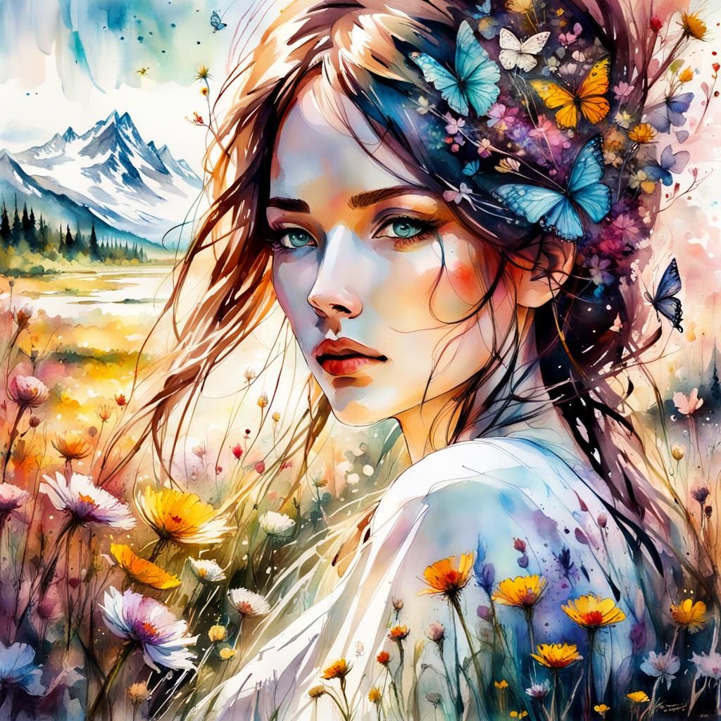 Close up portrait of a beautiful woman in a flower meadow