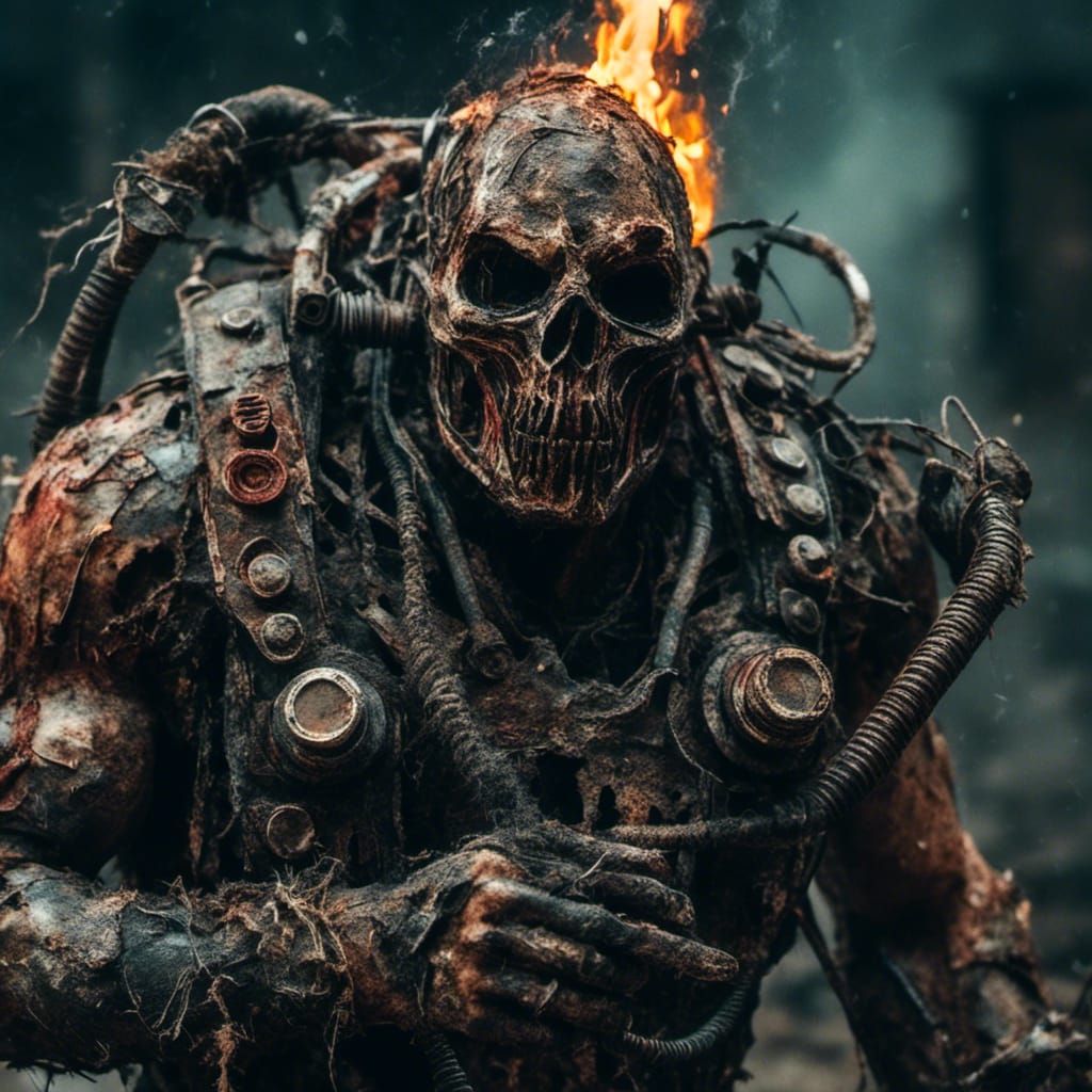 Post-Apocalyptic Mutant with Flamethrower in Ruins