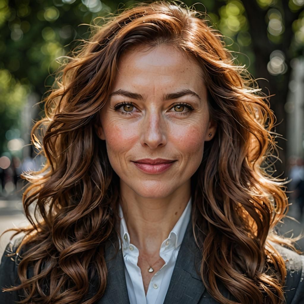 She has a striking presence with a wild mane of chestnut hai...