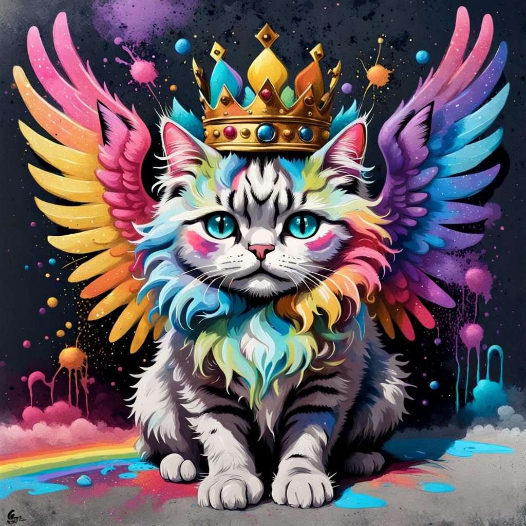 Rainbow Winged Cat Queen in Graffiti Art