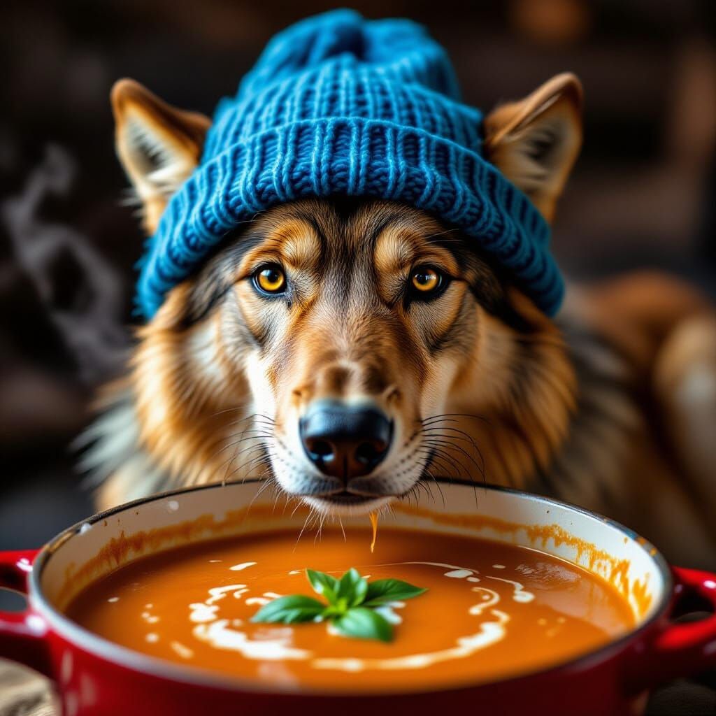 Lion in Blue Beanie Sits in Tomato Soup