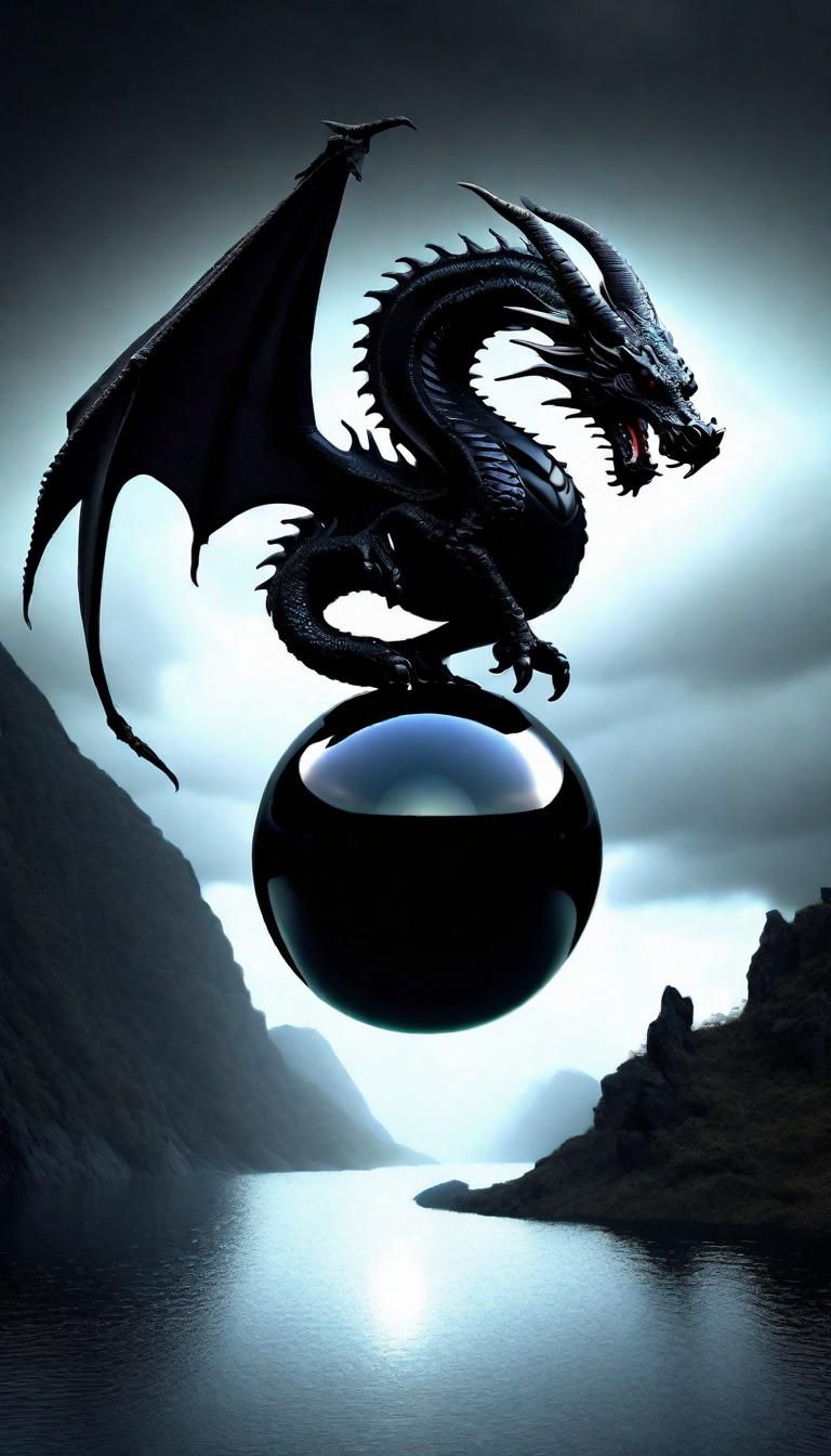 Black Obsidian Orb Over Dragon in Dark Fantasy Style