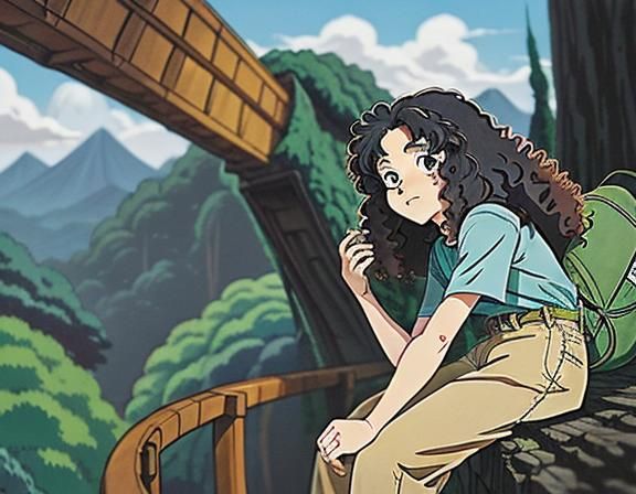 Young Woman with Curly Hair in Ghibli Style