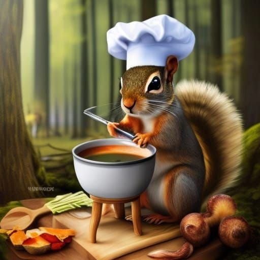 Squirrel Chef Cooking Soup in Forest, Hyperrealistic Art