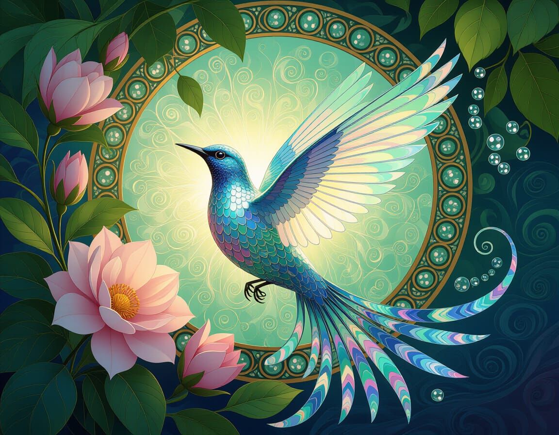 Glass Bird with Flowers in Art Nouveau Style