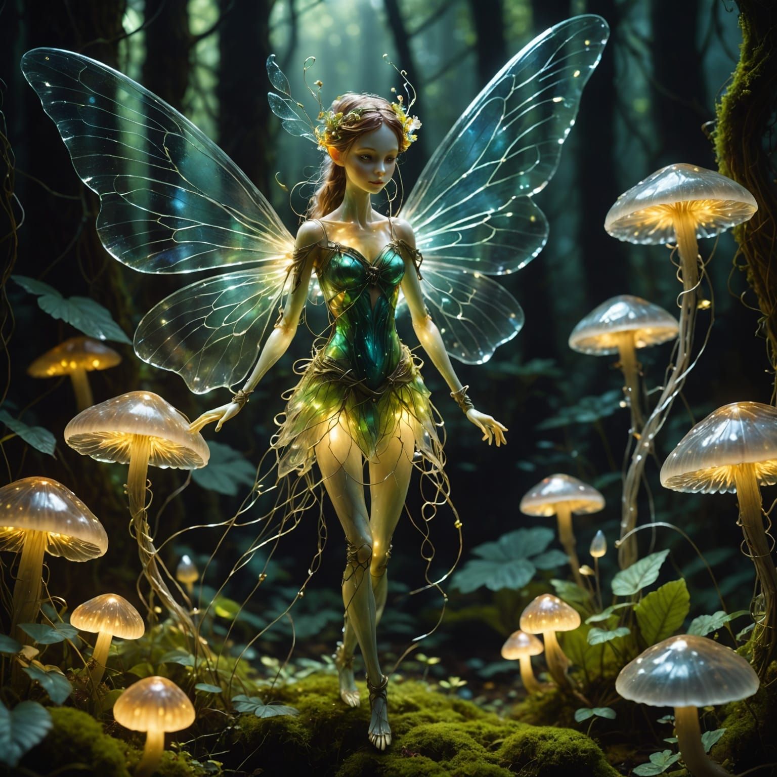 Eerie Fairy with Glass Wings in Twisted Garden