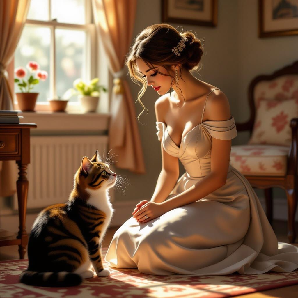 Woman Kneeling Before Cat in Photorealistic Style