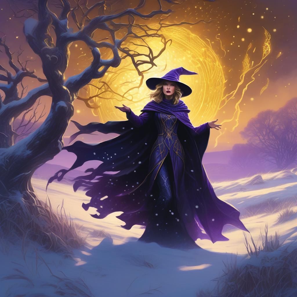 Sorceress Casting a Spell in Snowy Grasslands