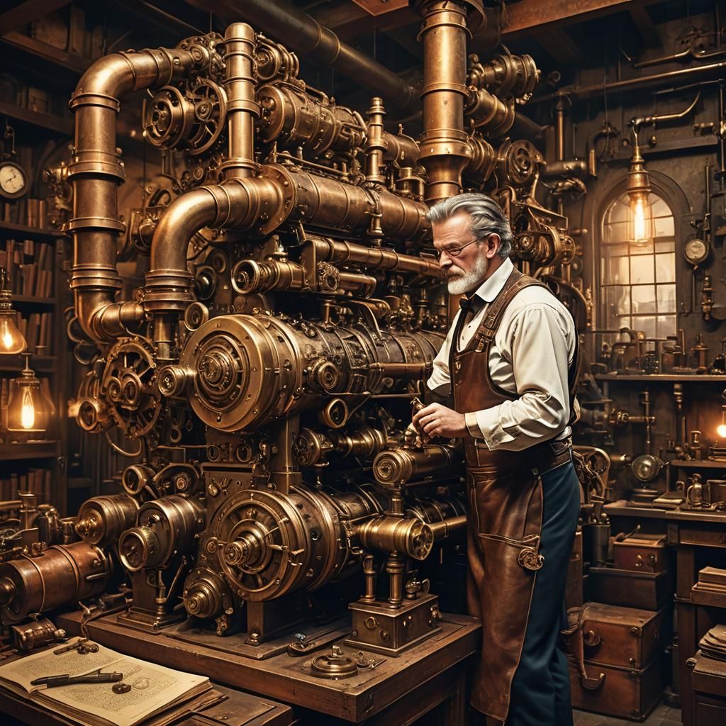 Steampunk Inventor Tinkering with Engine