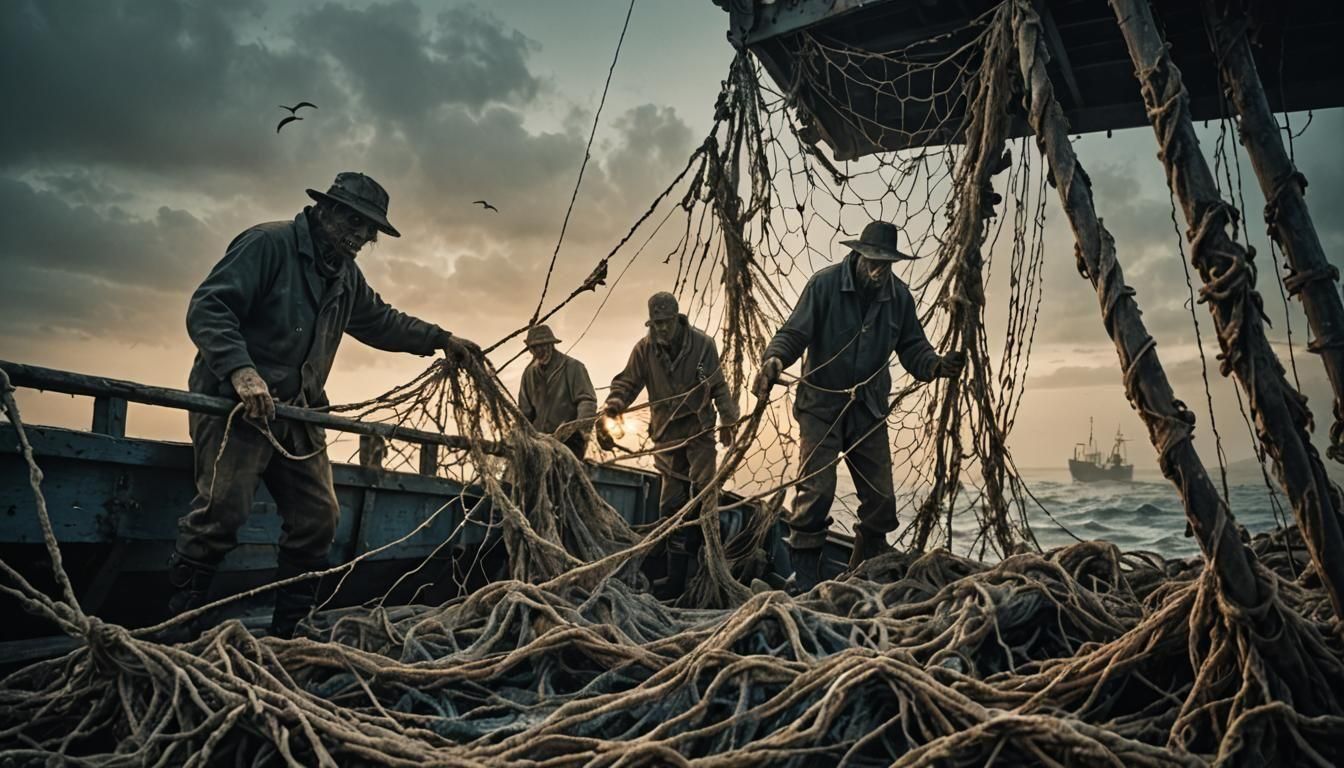 Undead Fishermen Casting Net at Sea