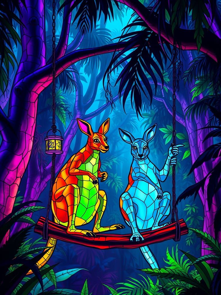 Kangaroos in Rainforest with Bioluminescent Stained Glass