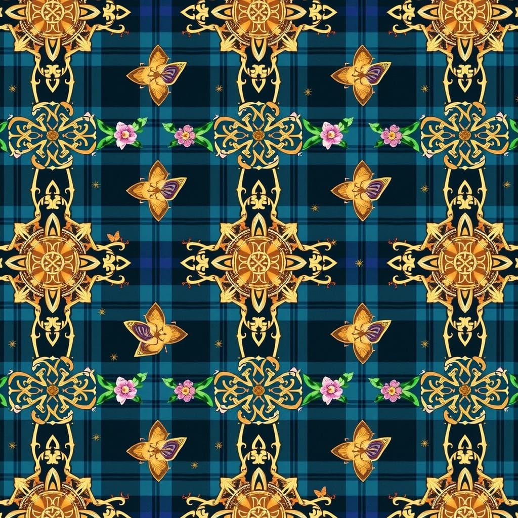 Elegant Celtic Tartan Fabric Design in Ornate Black Frame