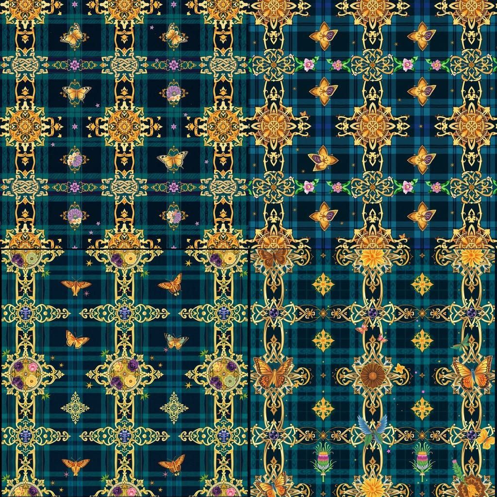 Elegant Celtic Tartan Fabric Design in Ornate Black Frame