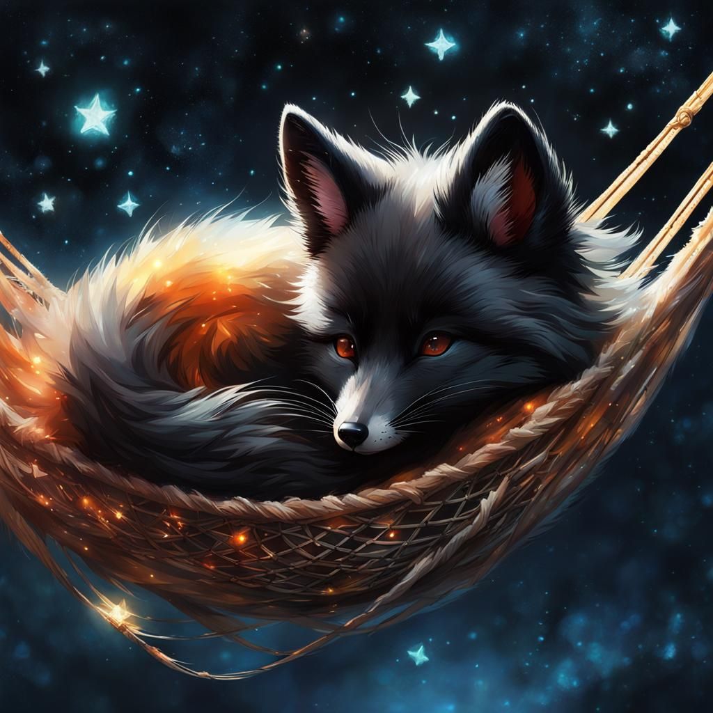 Fluffy Fox Cub Dreams Under Cosmic Stars