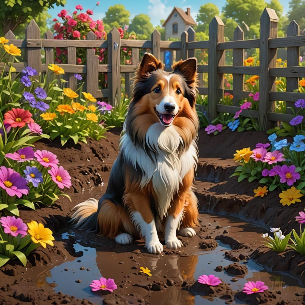 Sheltie Dog Submerged in Muddy Hole: 3D Digital Art