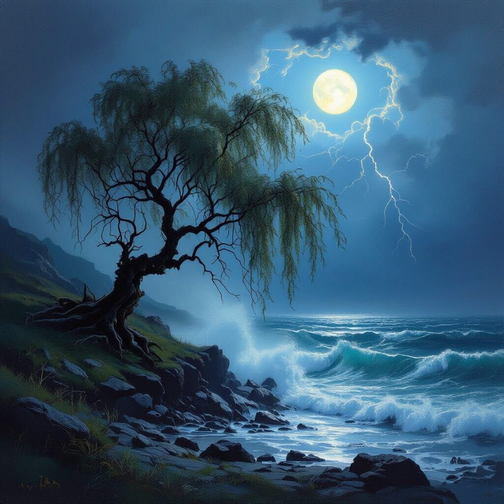 Dramatic Willow Tree Overlooking Moonlit Sea