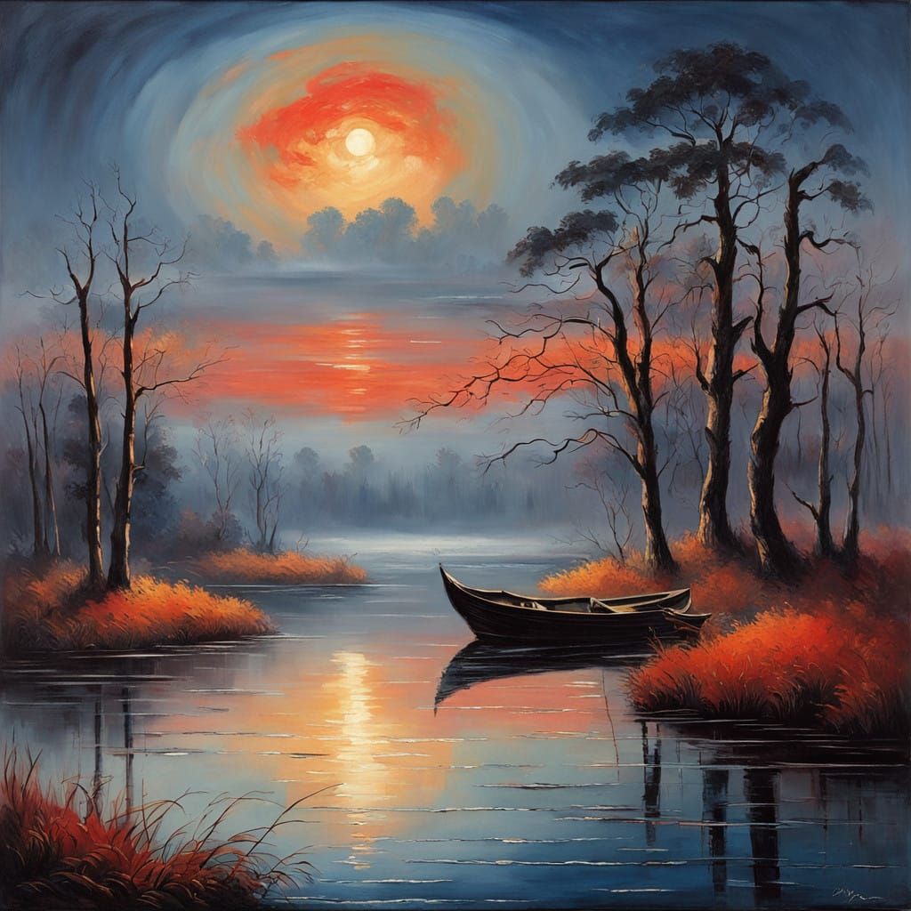 Moonlit Wetland Landscape in Neoclassical Oil Painting Style