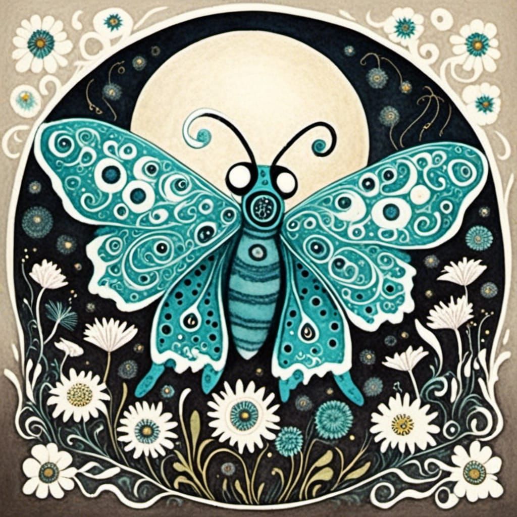 Turquoise Moon Moth in Watercolor Flower Meadow