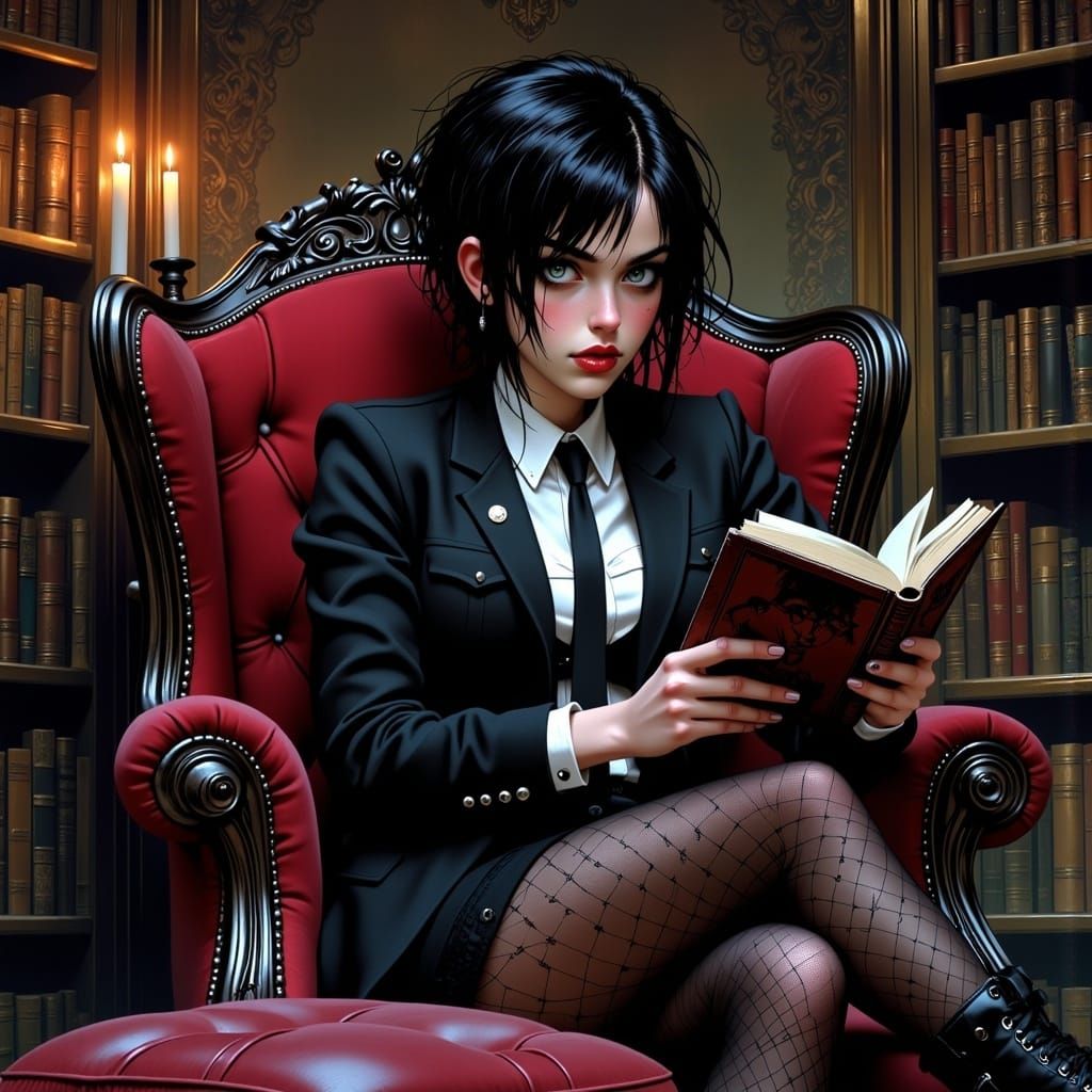 Goth Girl in Library, Digital Art