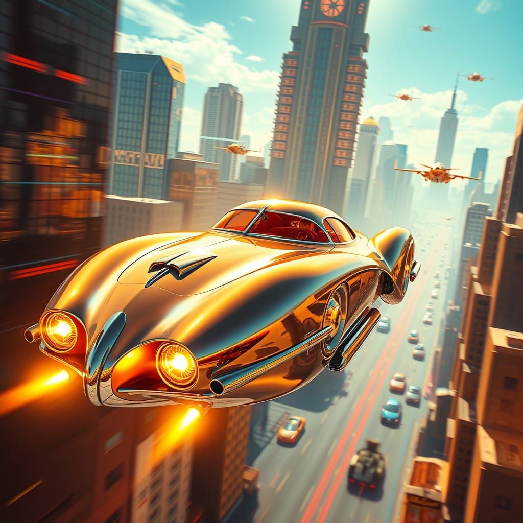 Streamlined Nuclear Car Soars Through Retro-Futuristic Citys...