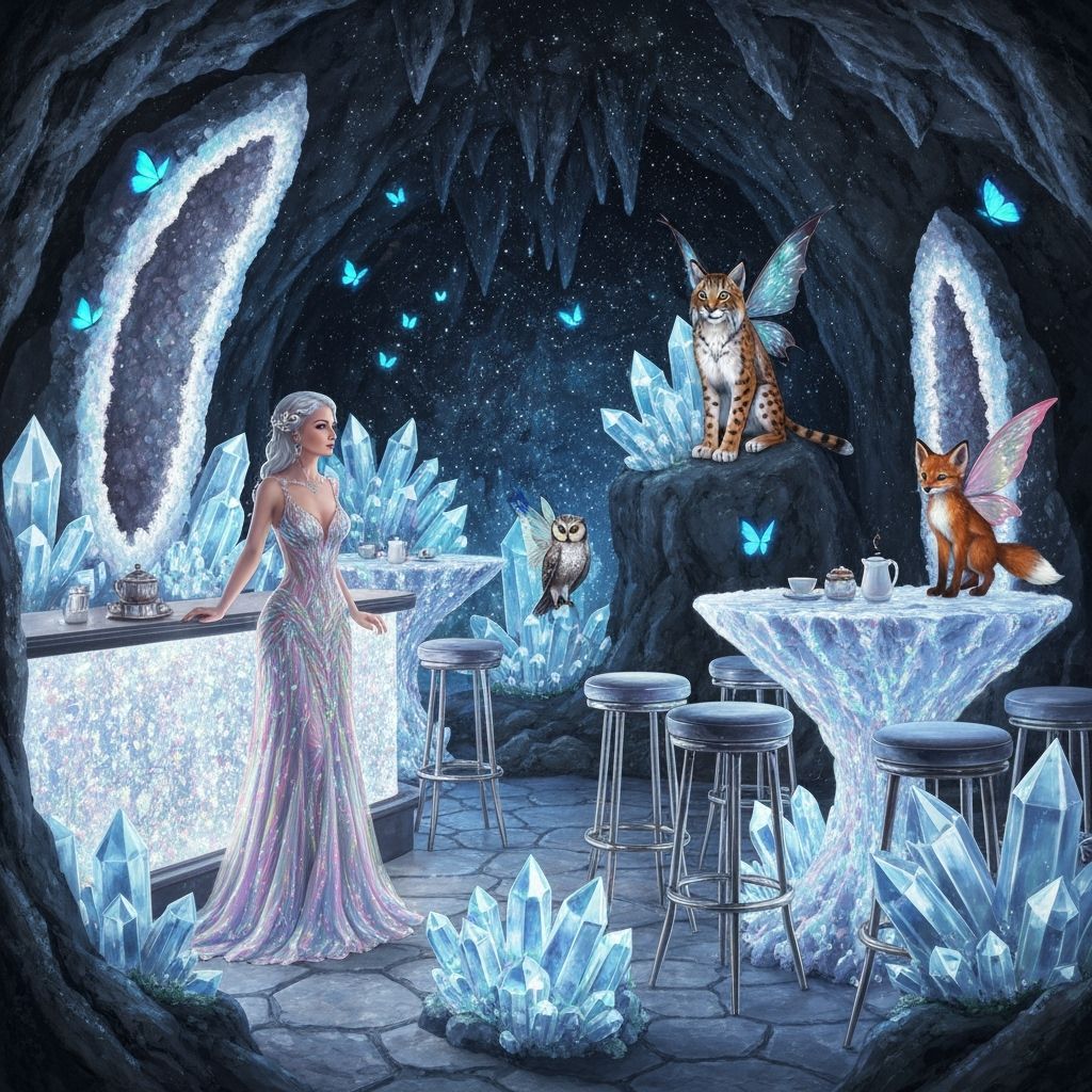 Fairy Crystal Cave Cafe with Elegant Woman and Mythical Crea...