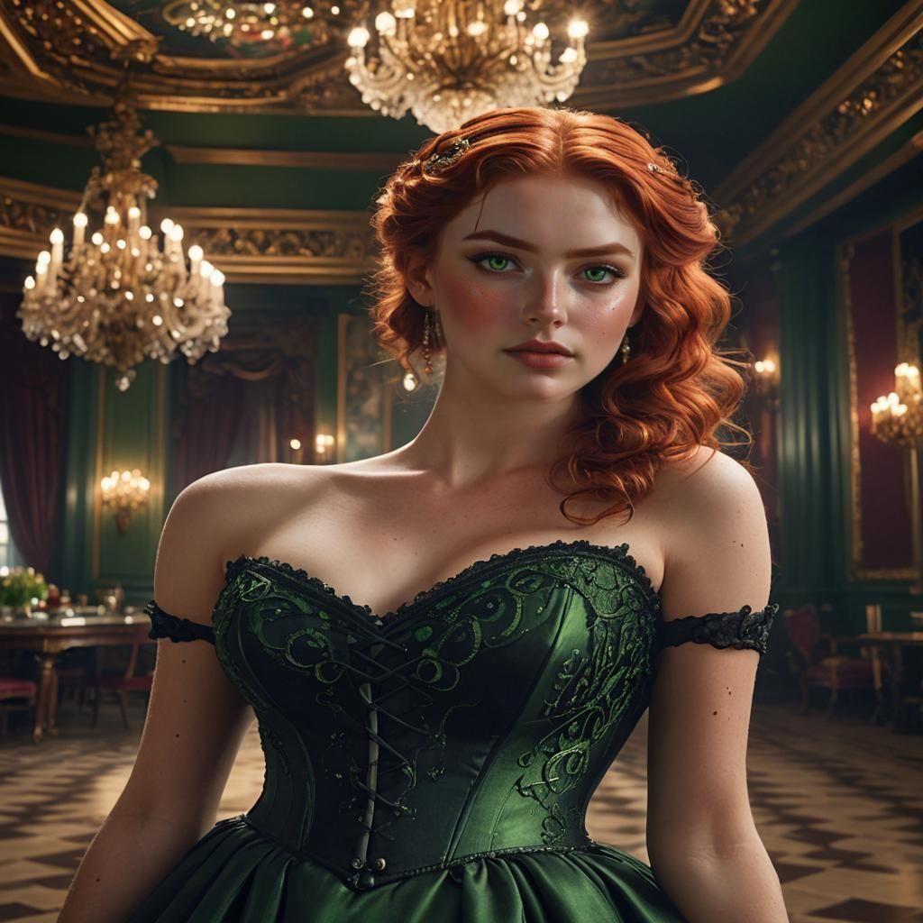 Red-Haired Woman in Ballroom, Detailed Matte Painting