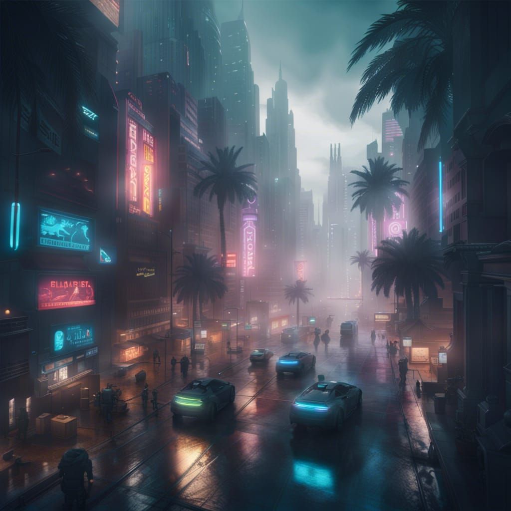 Cyberpunk Cityscape with Flying Cars and Street Life