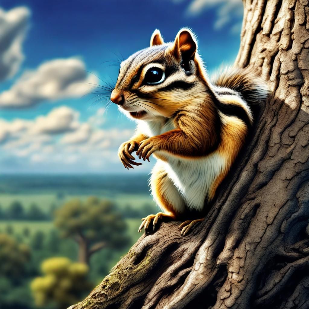 Chipmunk on Oak Tree with Scenic View