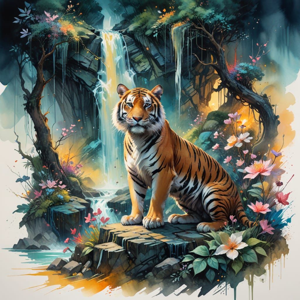 Surreal Tiger in Blossom-Filled Ravine: Vibrant Digital Wate...