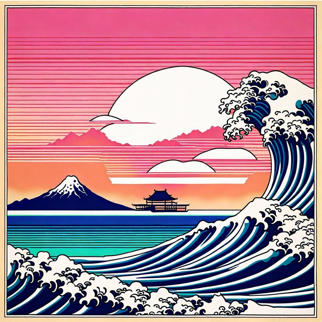Nostalgic Vaporwave Seascape after Hokusai