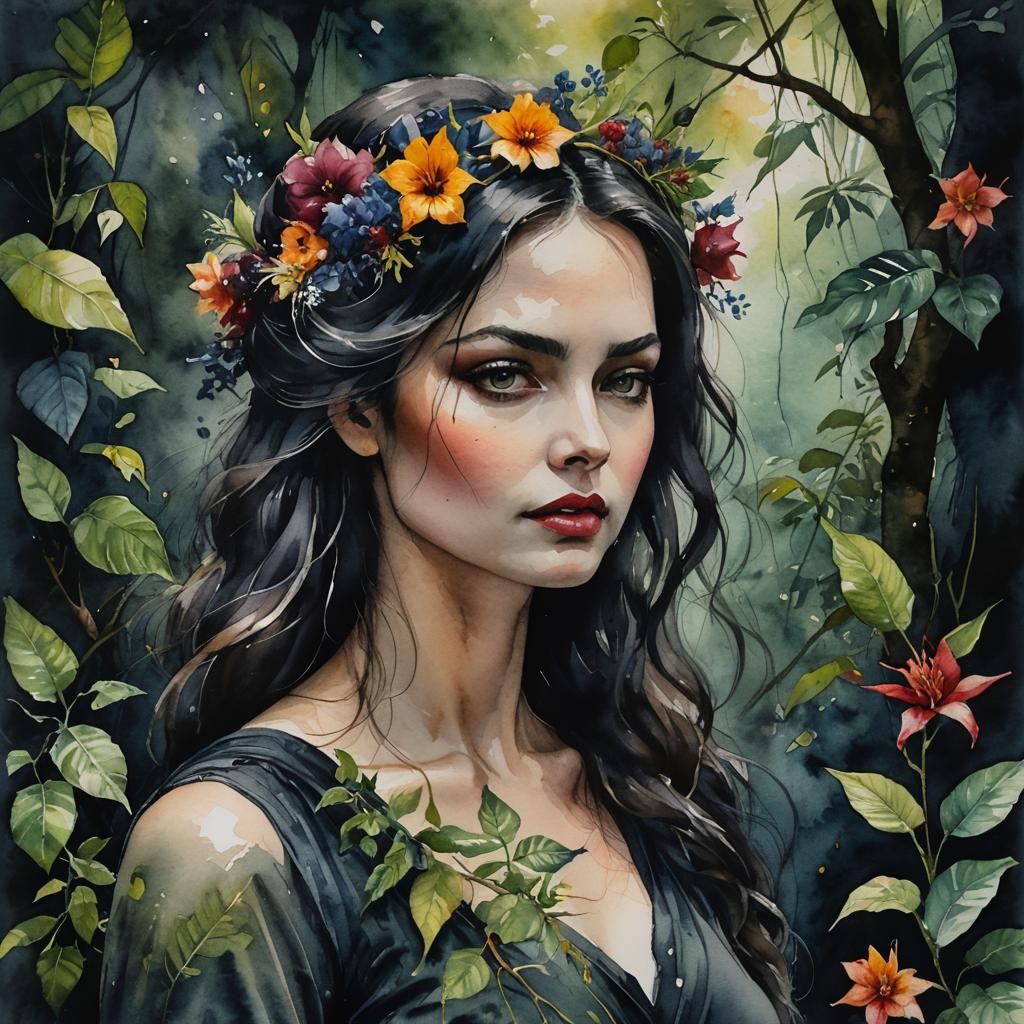 Dark Moody Watercolor of a Woman in Eden