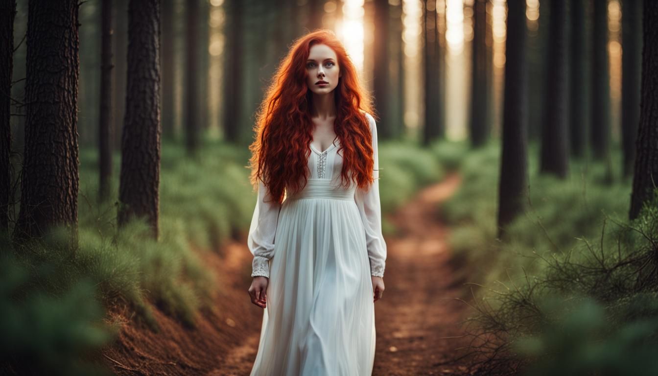 Beautiful Woman in White Dress in Dark Forest