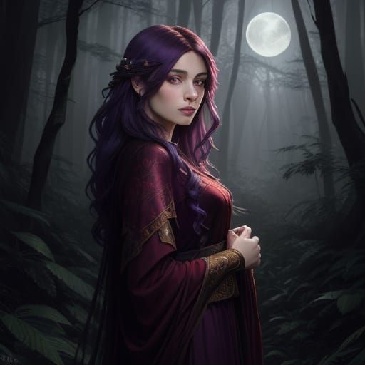 Ethereal Woman in Crimson Gown Under Mystic Moonlight