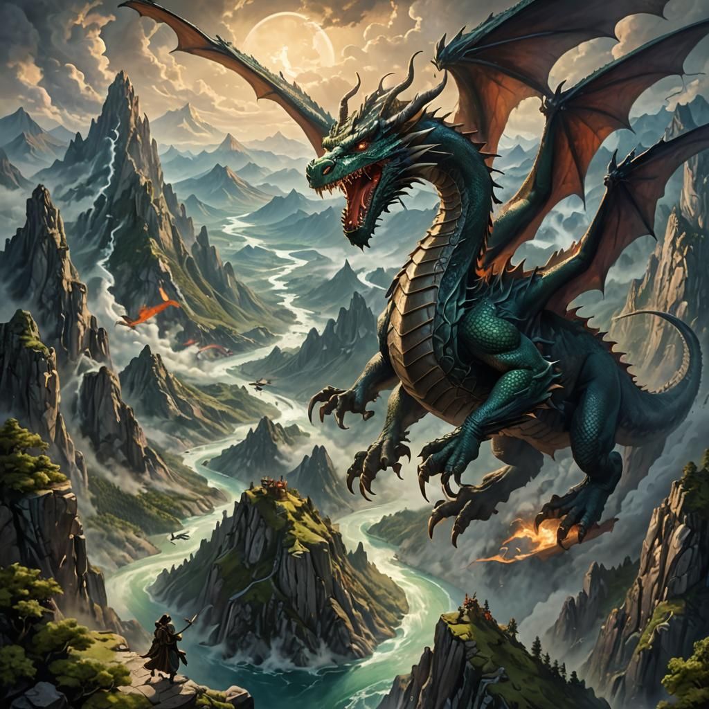 Dragon Flight Over Mountain Range in Magical Realism