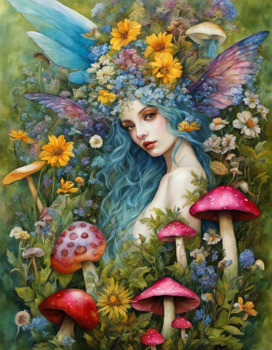 Wildflower and Mushroom Fae: Mixed Media Collage